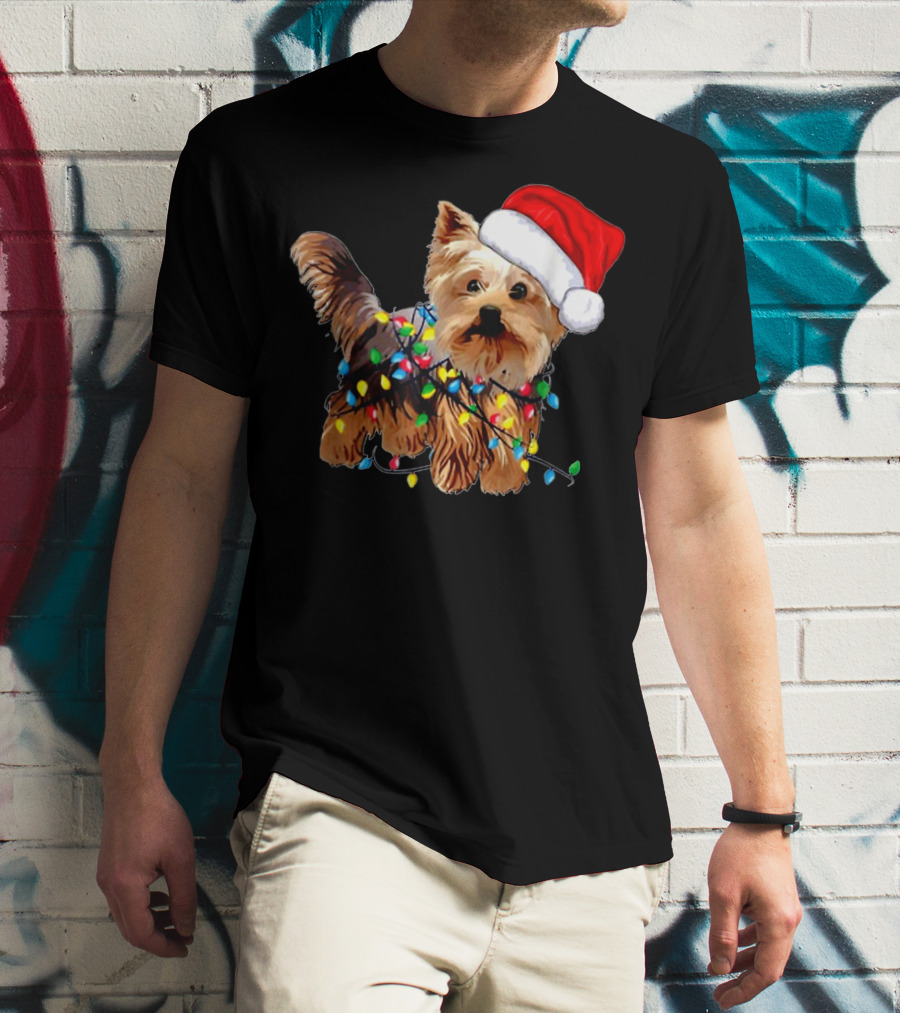 Yorkie Christmas Lights Santa Hat T-Shirt