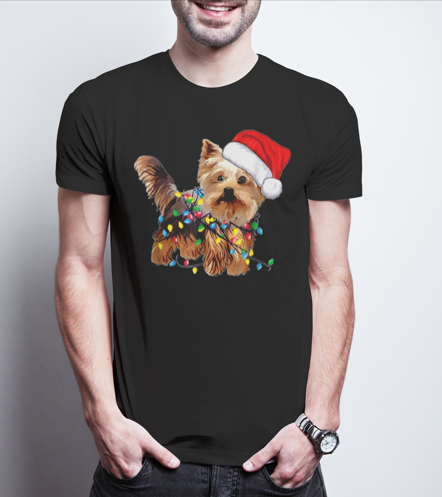 Yorkie Christmas Lights Santa Hat T-Shirt