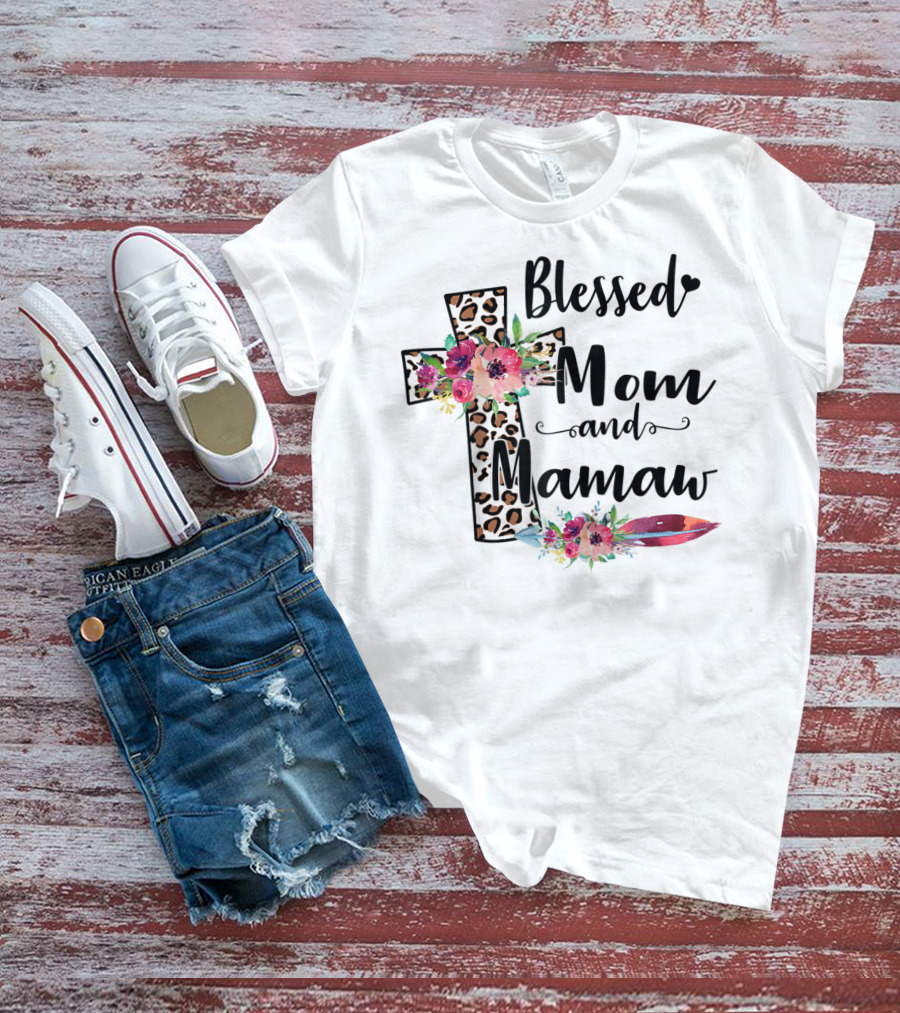 Blessed To Be Called Mom And Mamaw Floral Leopard Cross T-Shirt