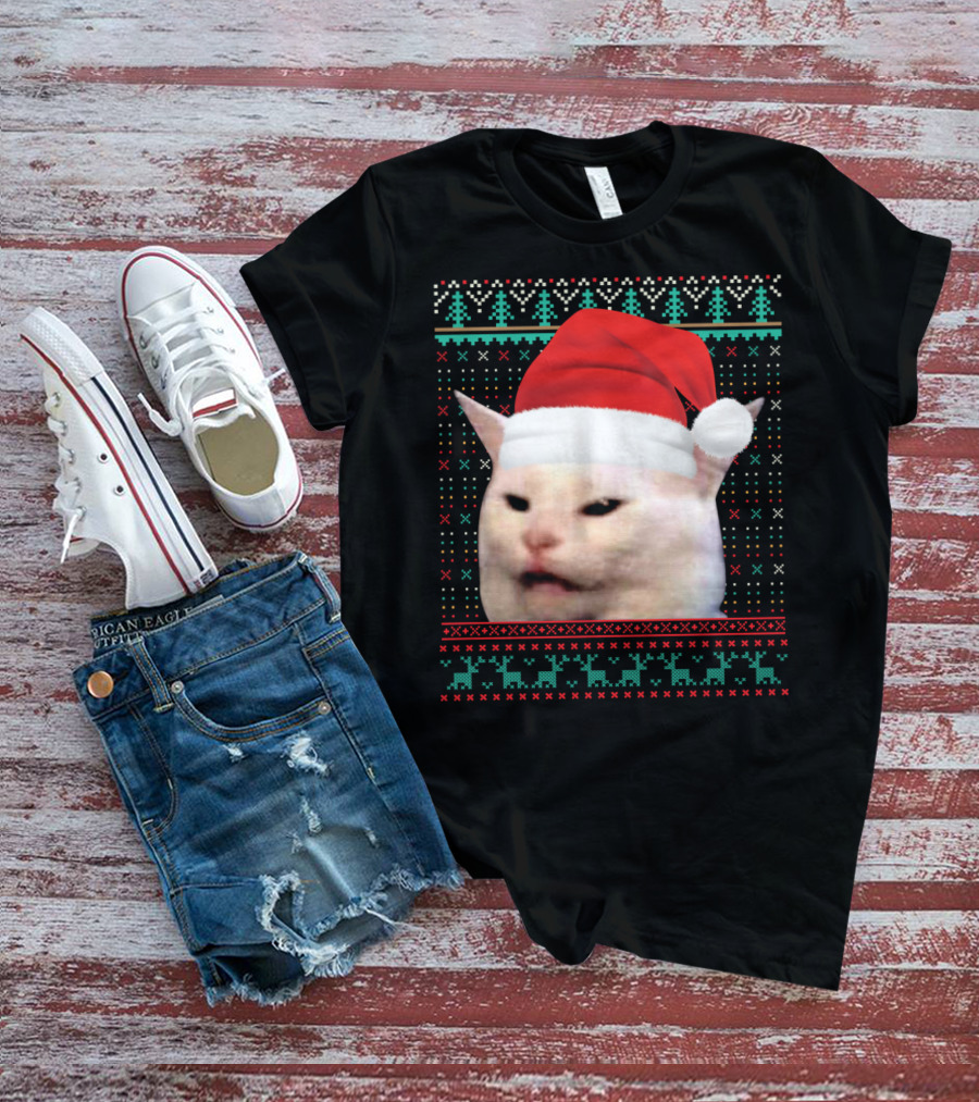 Cat Ugly Santa Hat Christmas Sweater Meme T-Shirt