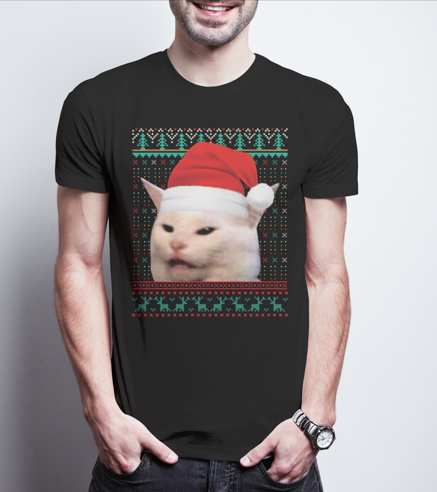 Cat Ugly Santa Hat Christmas Sweater Meme T-Shirt