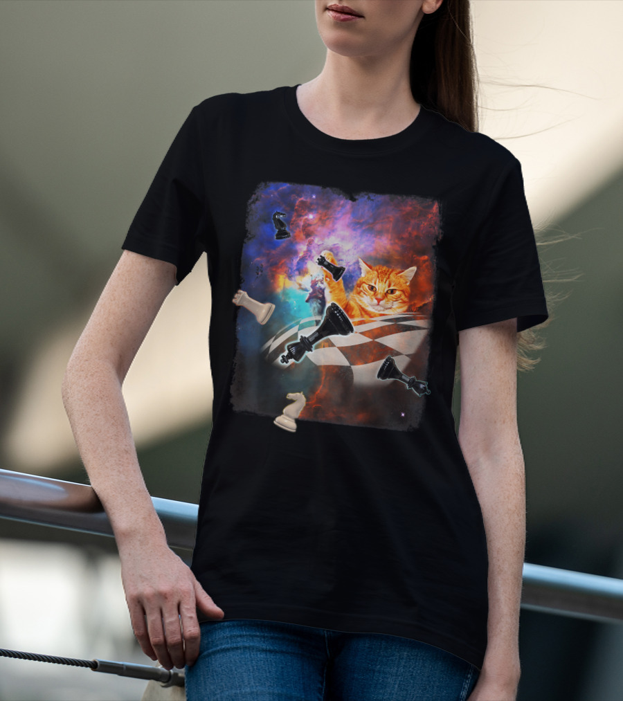 Chess Cat Floating Between Stars And Nebula With Chess Pieces T-Shirt