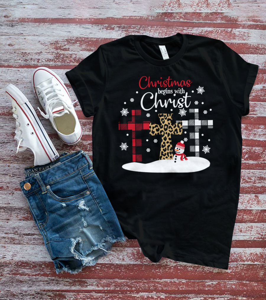 Christmas Begins With Christ Snowman And Patterned Crosses T-Shirt