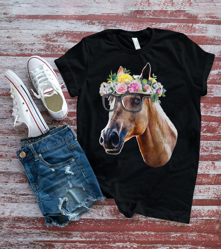 Floral Horse With Glasses Equestrian Farm Riding T-Shirt