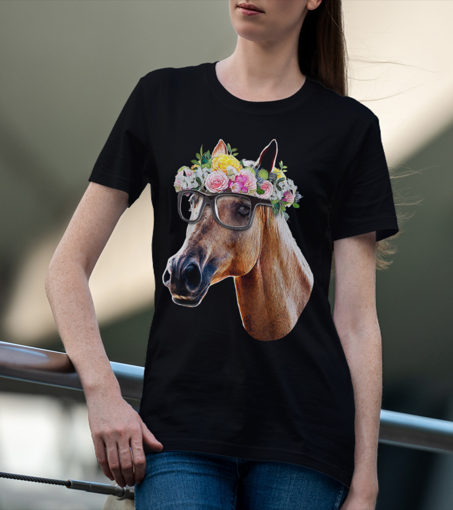 Floral Horse With Glasses Equestrian Farm Riding T-Shirt