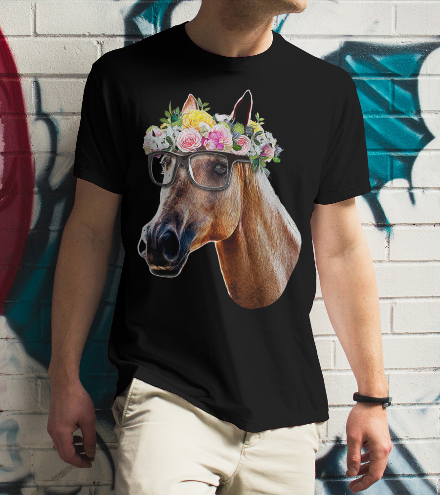 Floral Horse With Glasses Equestrian Farm Riding T-Shirt