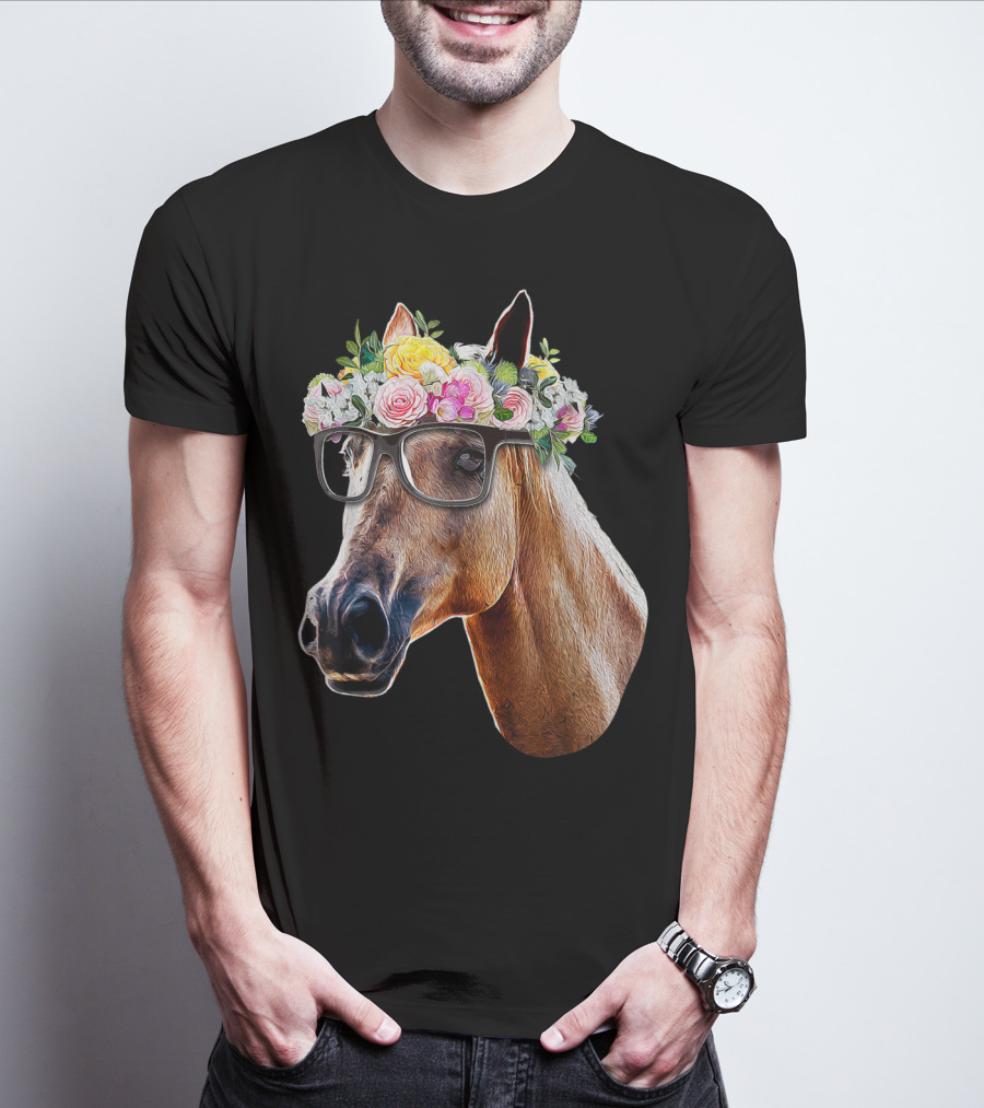 Floral Horse With Glasses Equestrian Farm Riding T-Shirt