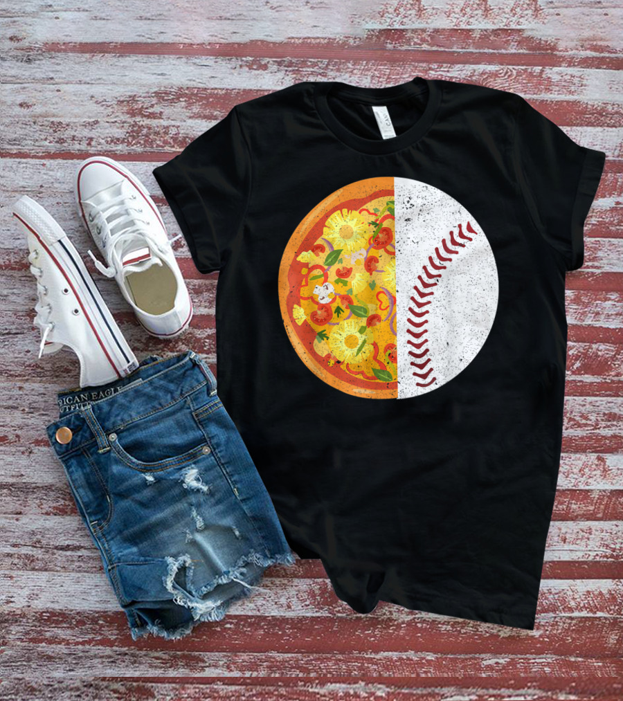 Funny Baseball Lover Eat Pizza Half Sport Pizza Baseball T-Shirt