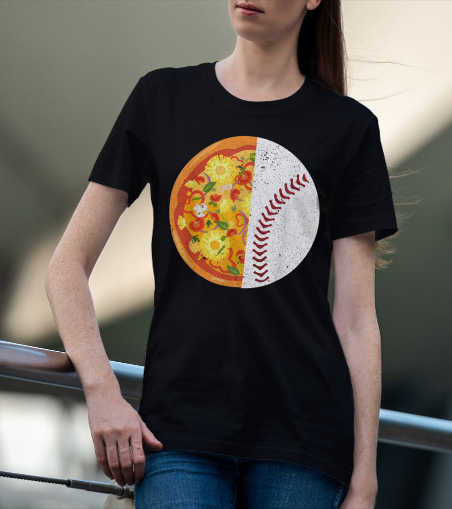 Funny Baseball Lover Eat Pizza Half Sport Pizza Baseball T-Shirt