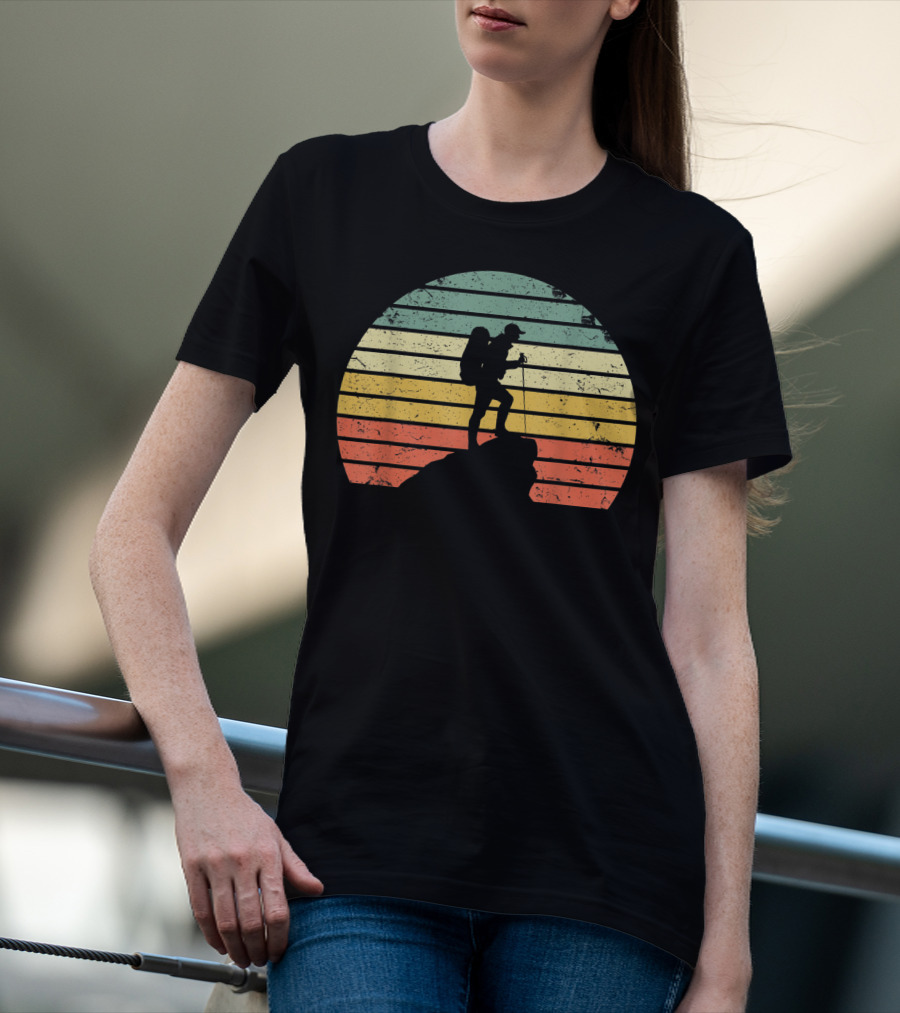 Retro Hiking Hiker Silhouette On Mountain Rock And Sunset Stripes T-Shirt