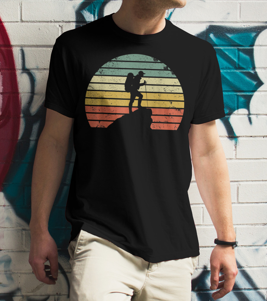 Retro Hiking Hiker Silhouette On Mountain Rock And Sunset Stripes T-Shirt