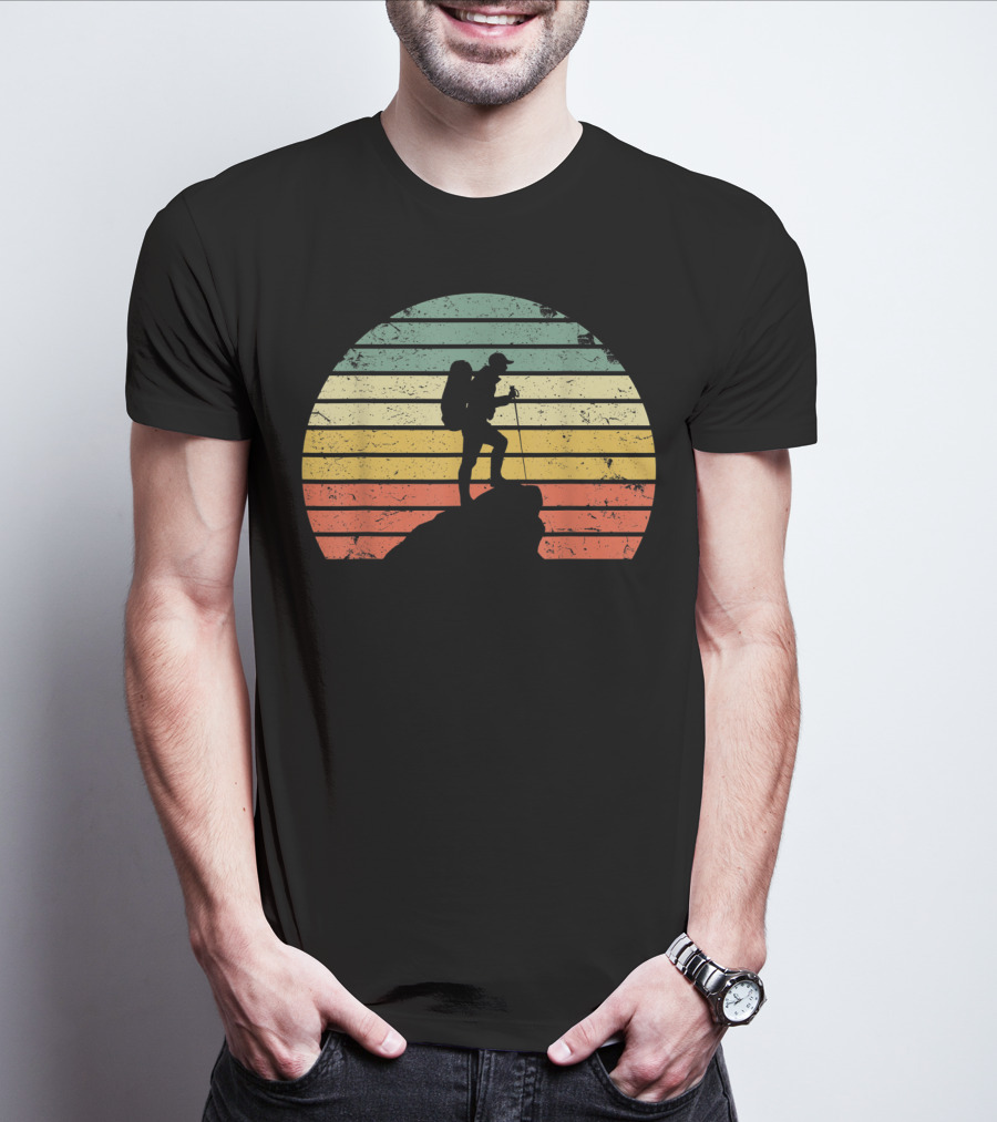 Retro Hiking Hiker Silhouette On Mountain Rock And Sunset Stripes T-Shirt