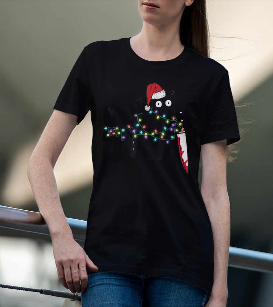 What Cat Wrapped In Xmas Lights Holding Knife Wearing Santa Hat T-Shirt