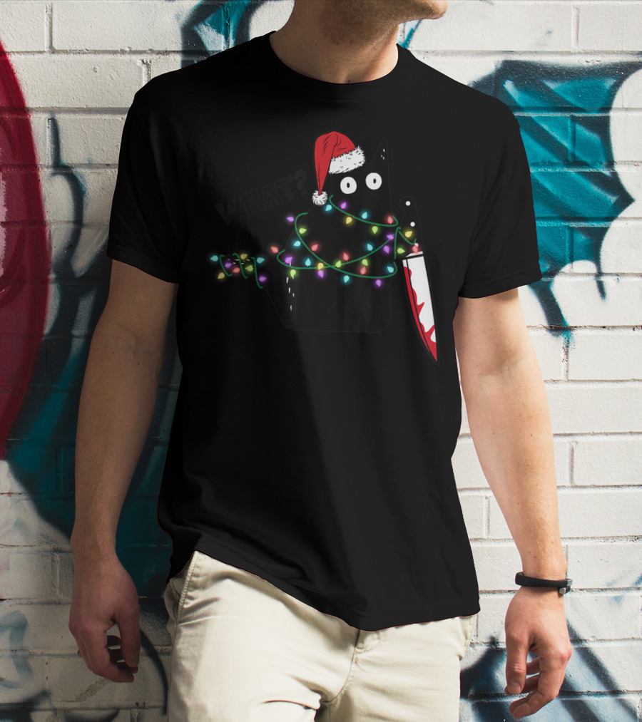 What Cat Wrapped In Xmas Lights Holding Knife Wearing Santa Hat T-Shirt