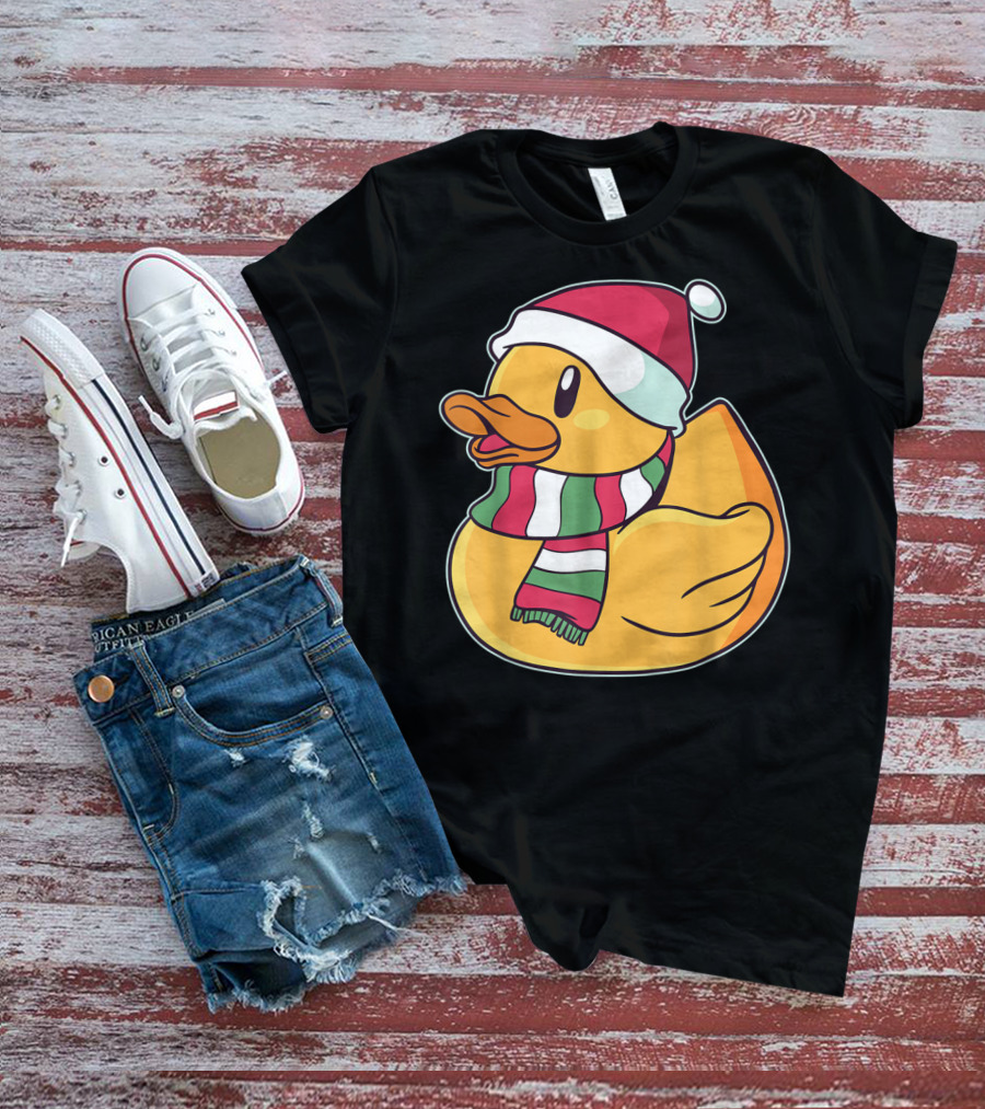 Xmas Rubber Ducky Duckie Duck With Santa Hat And Scarf T-Shirt