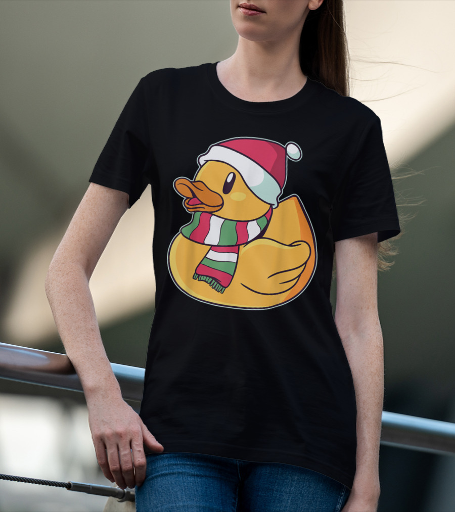 Xmas Rubber Ducky Duckie Duck With Santa Hat And Scarf T-Shirt