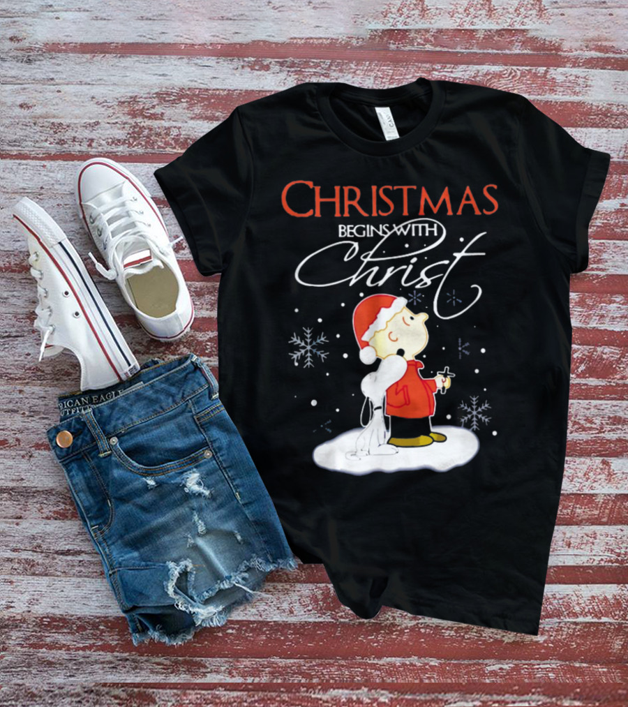 Christmas Begins With Christ Xmas Holiday Boy And Dog With Snowflakes T-Shirt