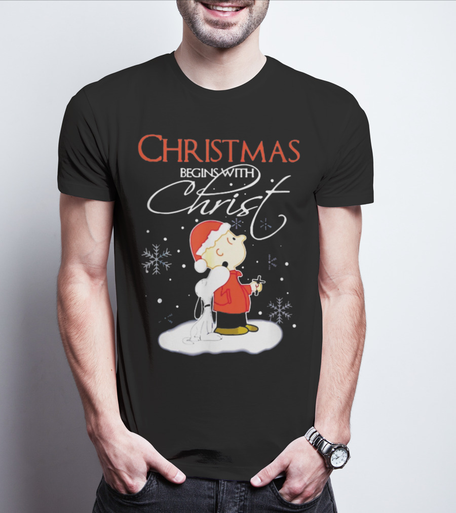 Christmas Begins With Christ Xmas Holiday Boy And Dog With Snowflakes T-Shirt
