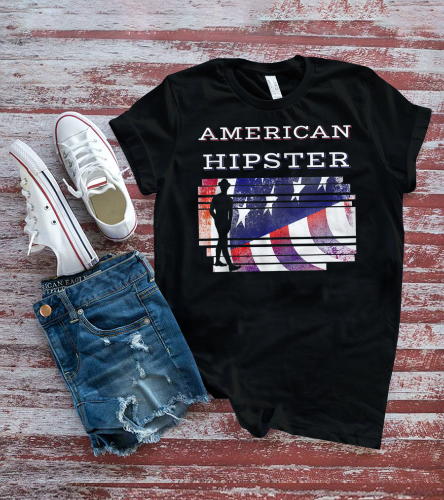 American Hipster Silhouette With Distressed US Flag Background T-Shirt