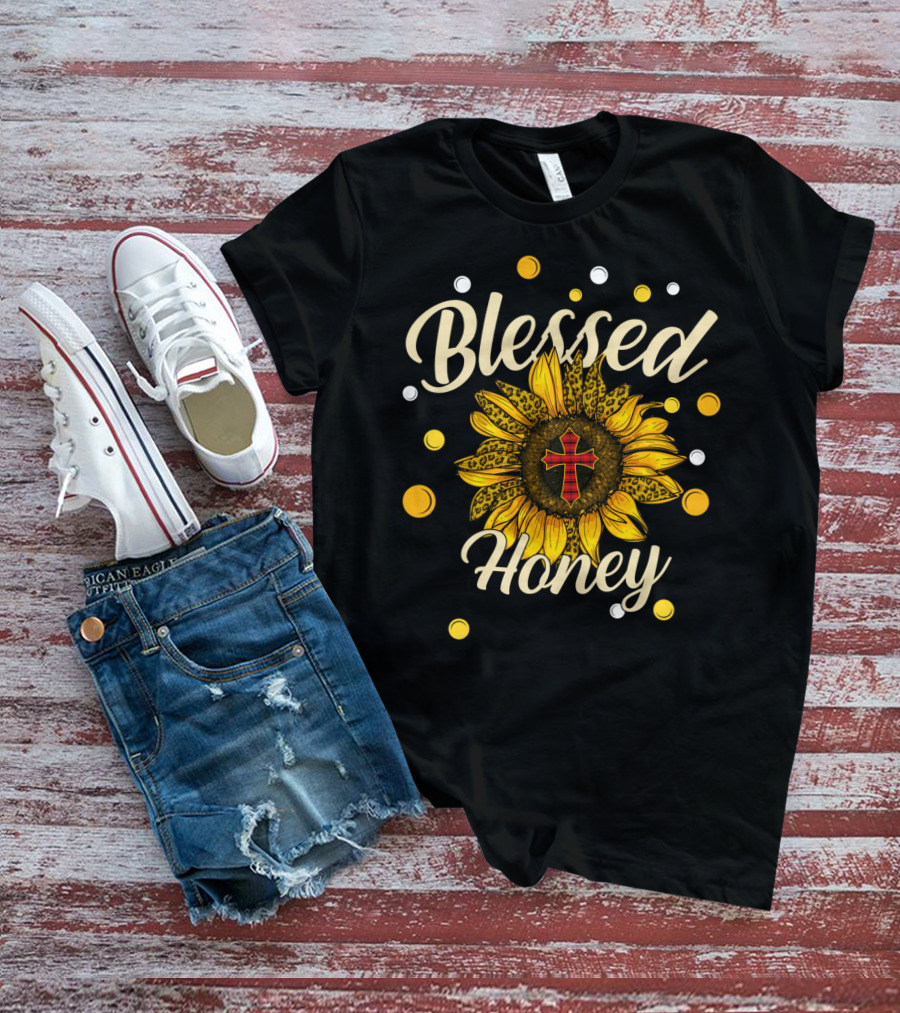 Blessed Honey Sunflower With Cross And Polka Dots T-Shirt