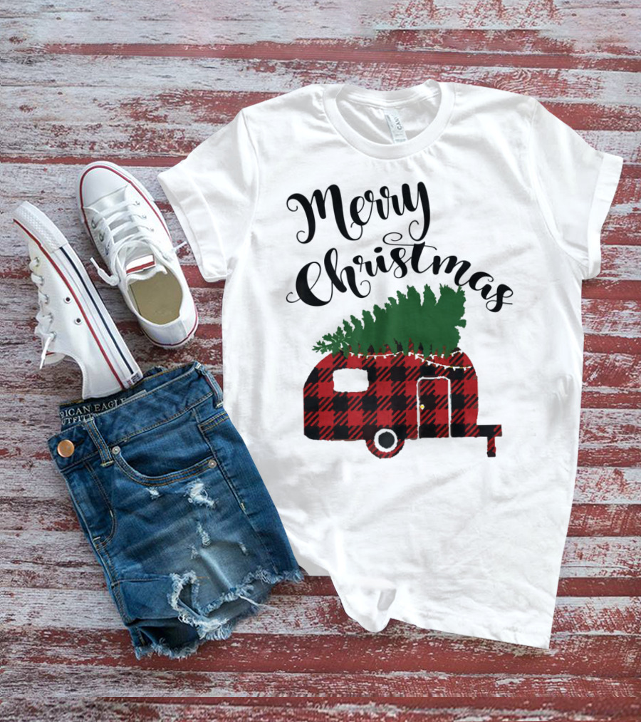 Merry Christmas Buffalo Plaid Camper With Tree T-Shirt