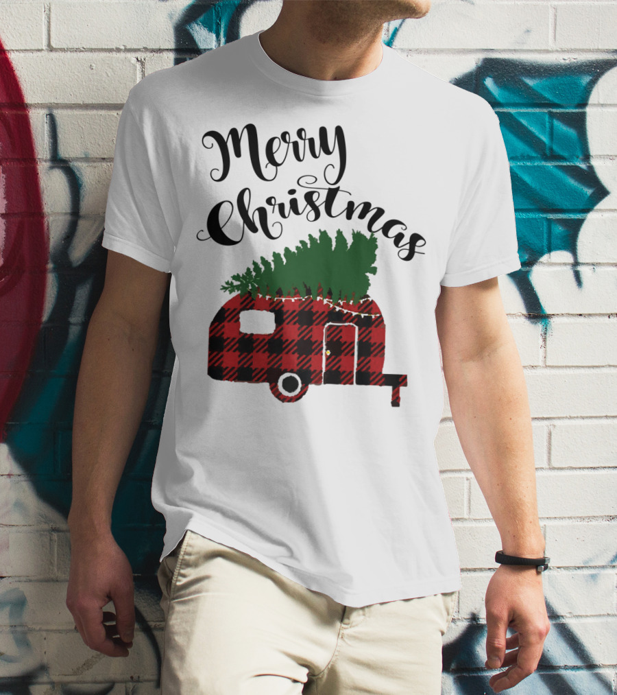 Merry Christmas Buffalo Plaid Camper With Tree T-Shirt