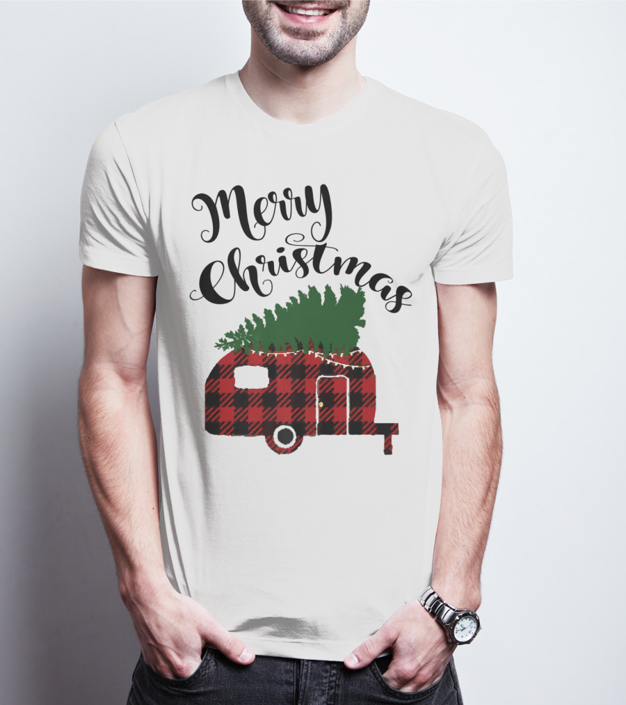Merry Christmas Buffalo Plaid Camper With Tree T-Shirt