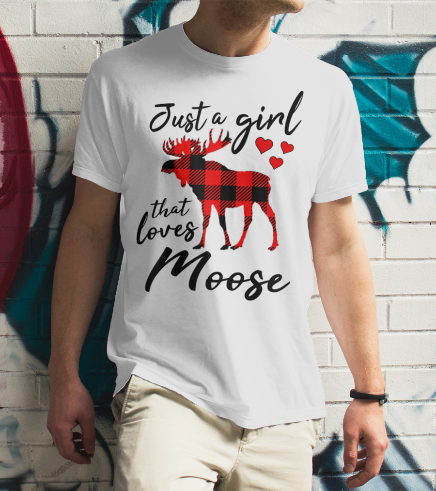 Just A Girl That Loves Moose Buffalo Plaid Hearts T-Shirt