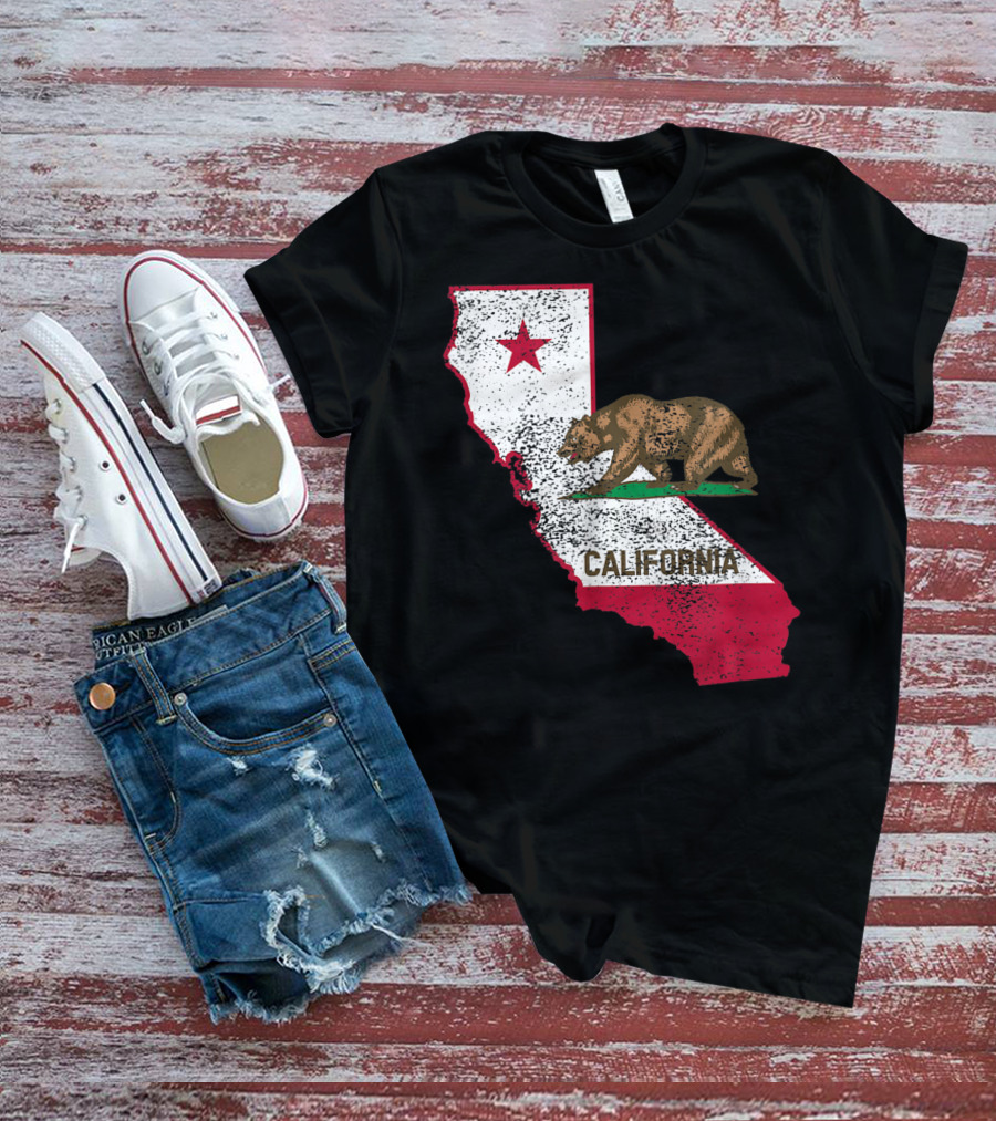 California Flag Bear And Star On State Outline T-Shirt