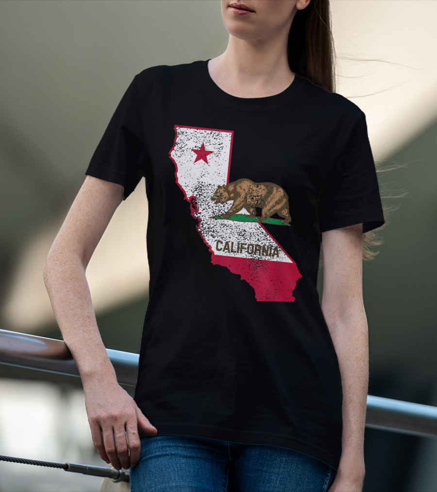 California Flag Bear And Star On State Outline T-Shirt