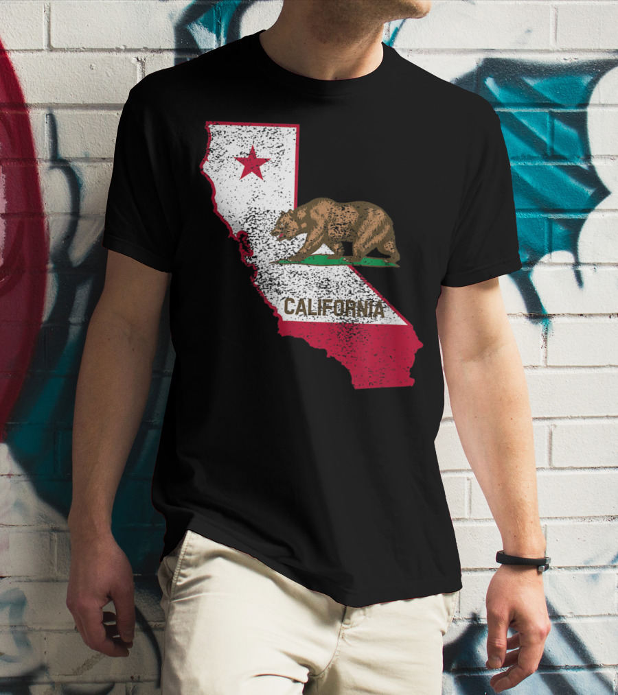California Flag Bear And Star On State Outline T-Shirt