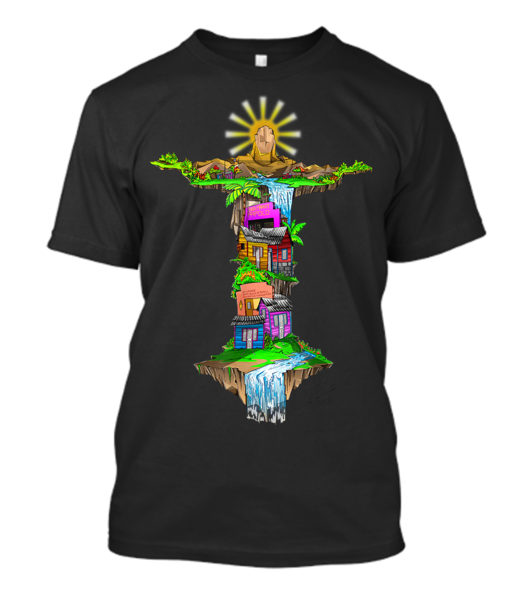 Casitas Dominicanas Brazil Cristo And Colorful Waterfall Houses T-Shirt