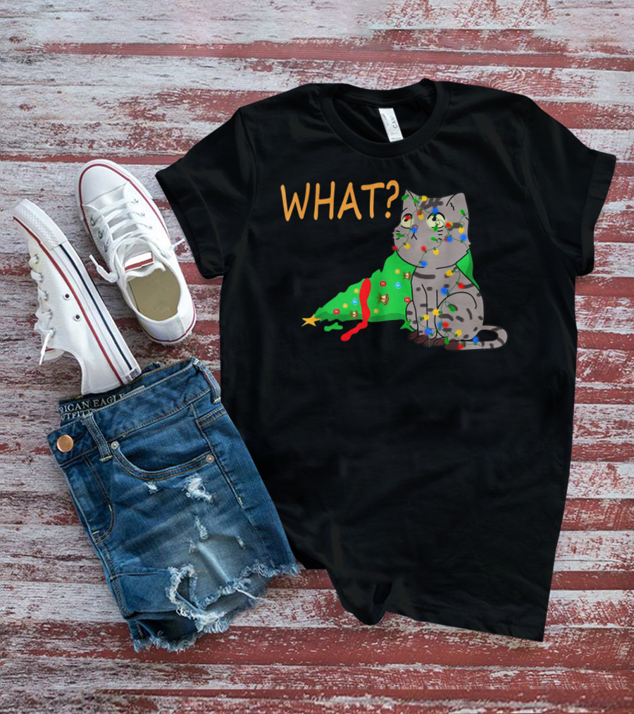 WHAT Funny Black Cat Christmas Tree T-Shirt
