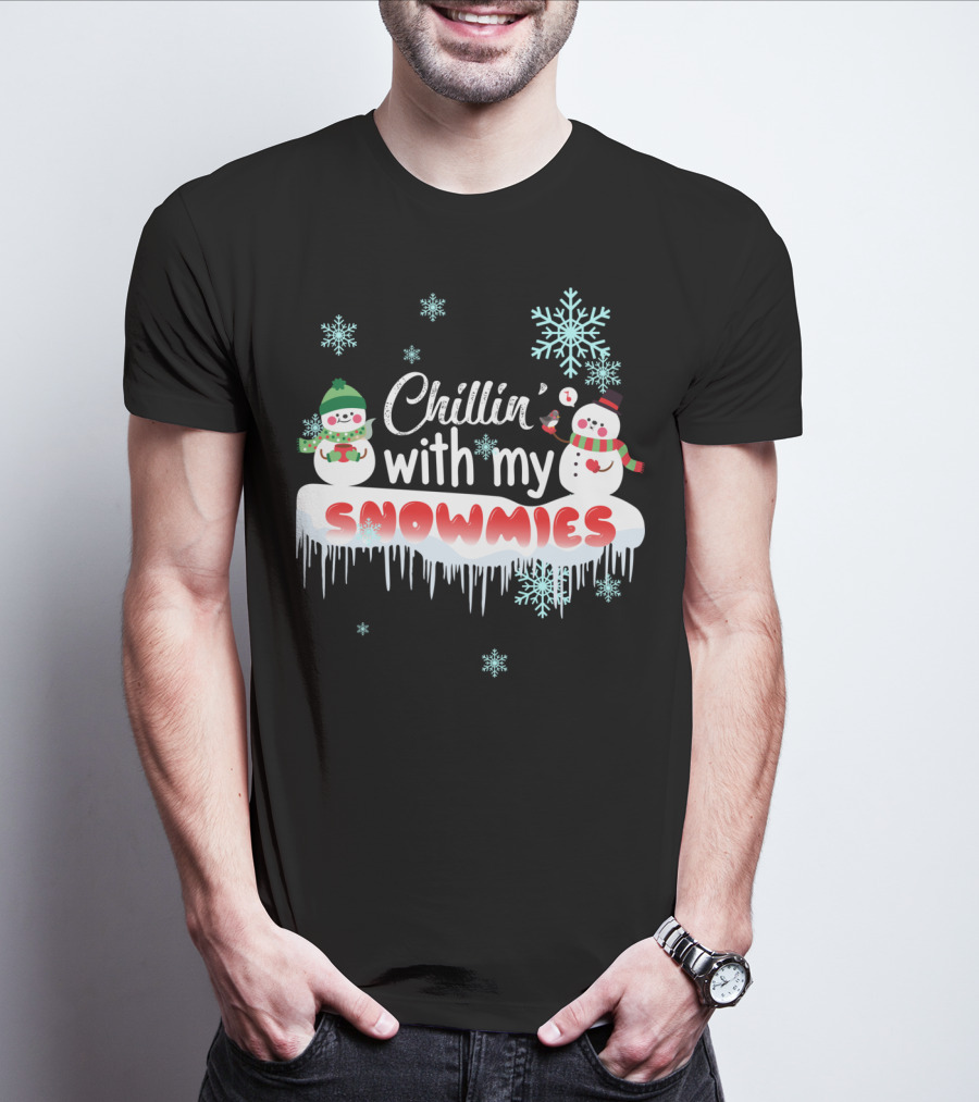 Chillin' With My Snowmies Cute Snowman Smoking Pipe And Snowflakes T-Shirt
