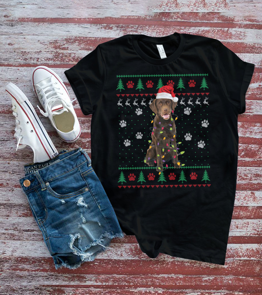 Christmas Chocolate Labrador With Santa Hat And Lights T-Shirt