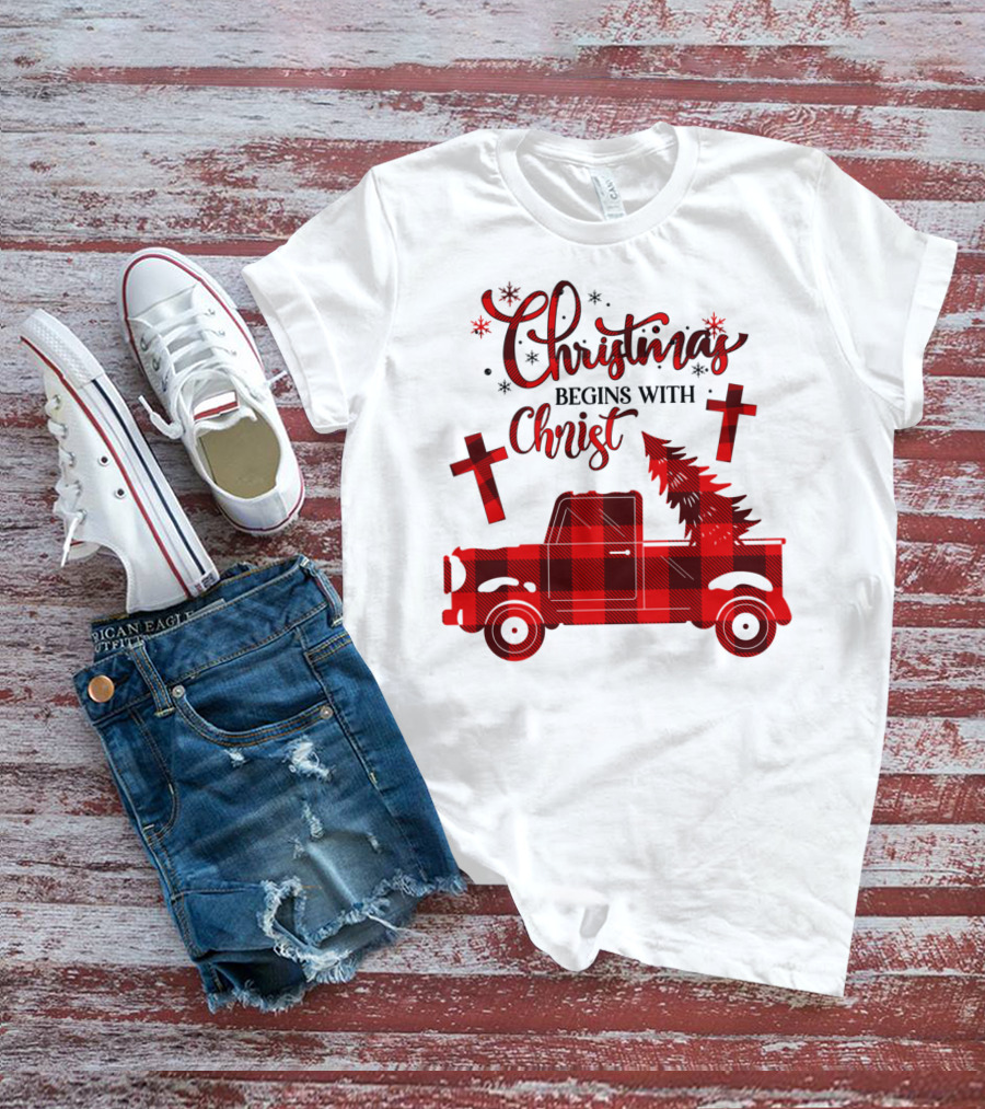 Christmas Begins With Christ Buffalo Plaid Red Truck With Tree And Crosses T-Shirt