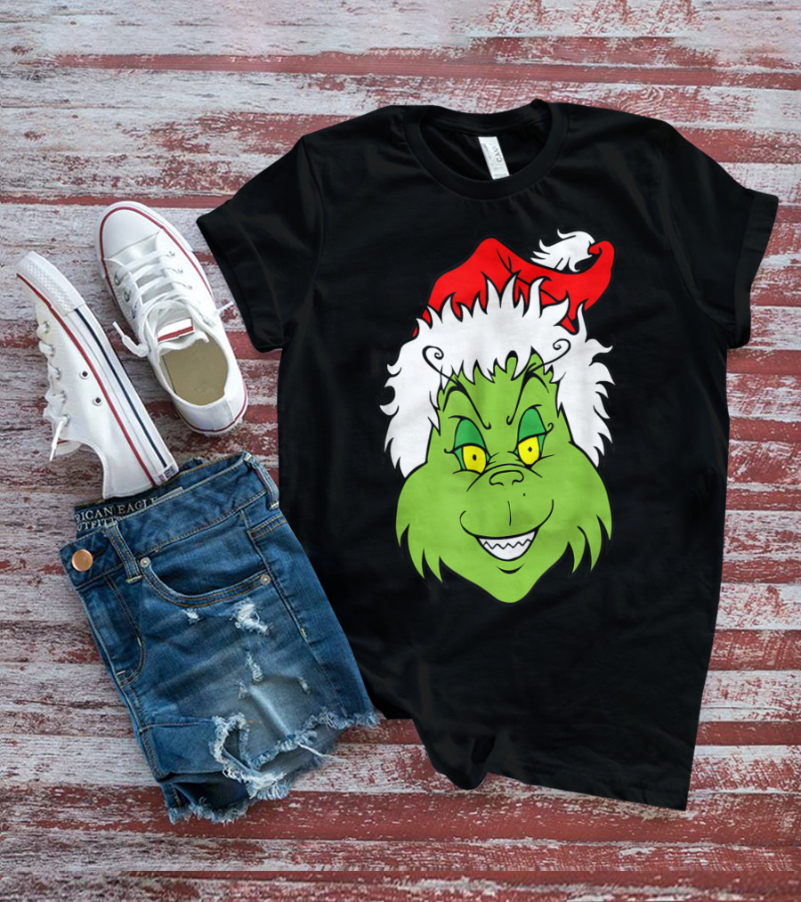 Grinch Christmas Face Santa Hat Smile T-Shirt