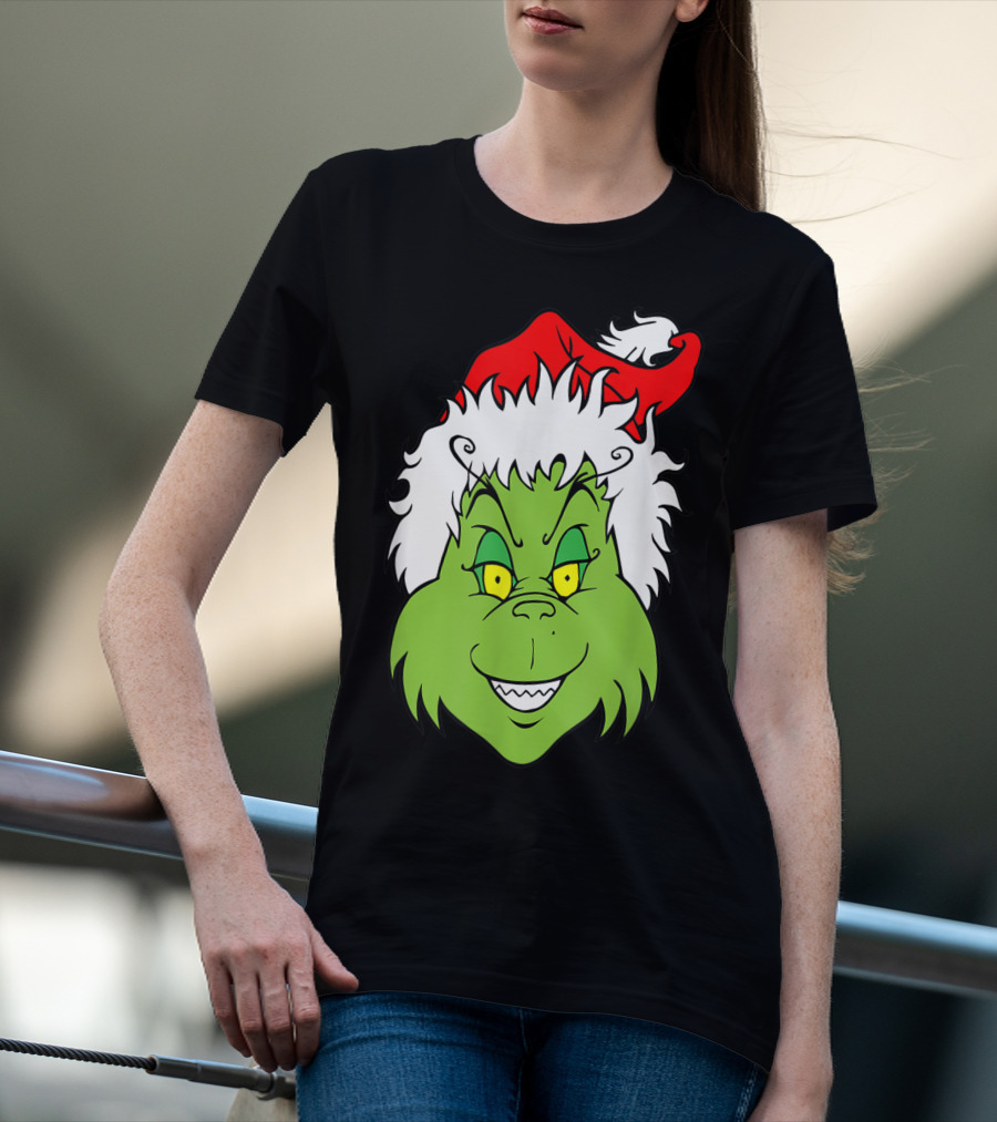Grinch Christmas Face Santa Hat Smile T-Shirt