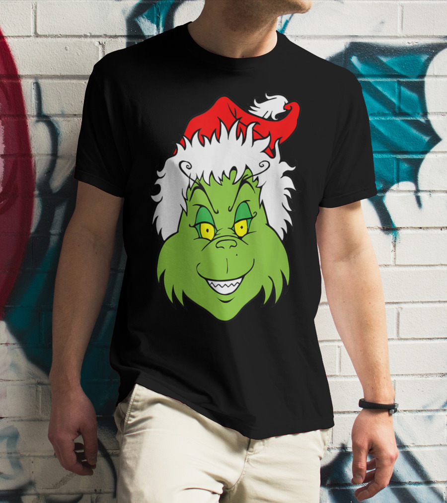 Grinch Christmas Face Santa Hat Smile T-Shirt