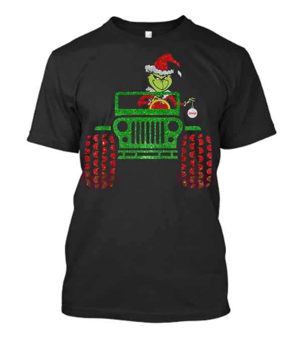 Christmas Grinch Driving Jeep Santa Hat Red Green Glitter Style Jeep T-Shirt