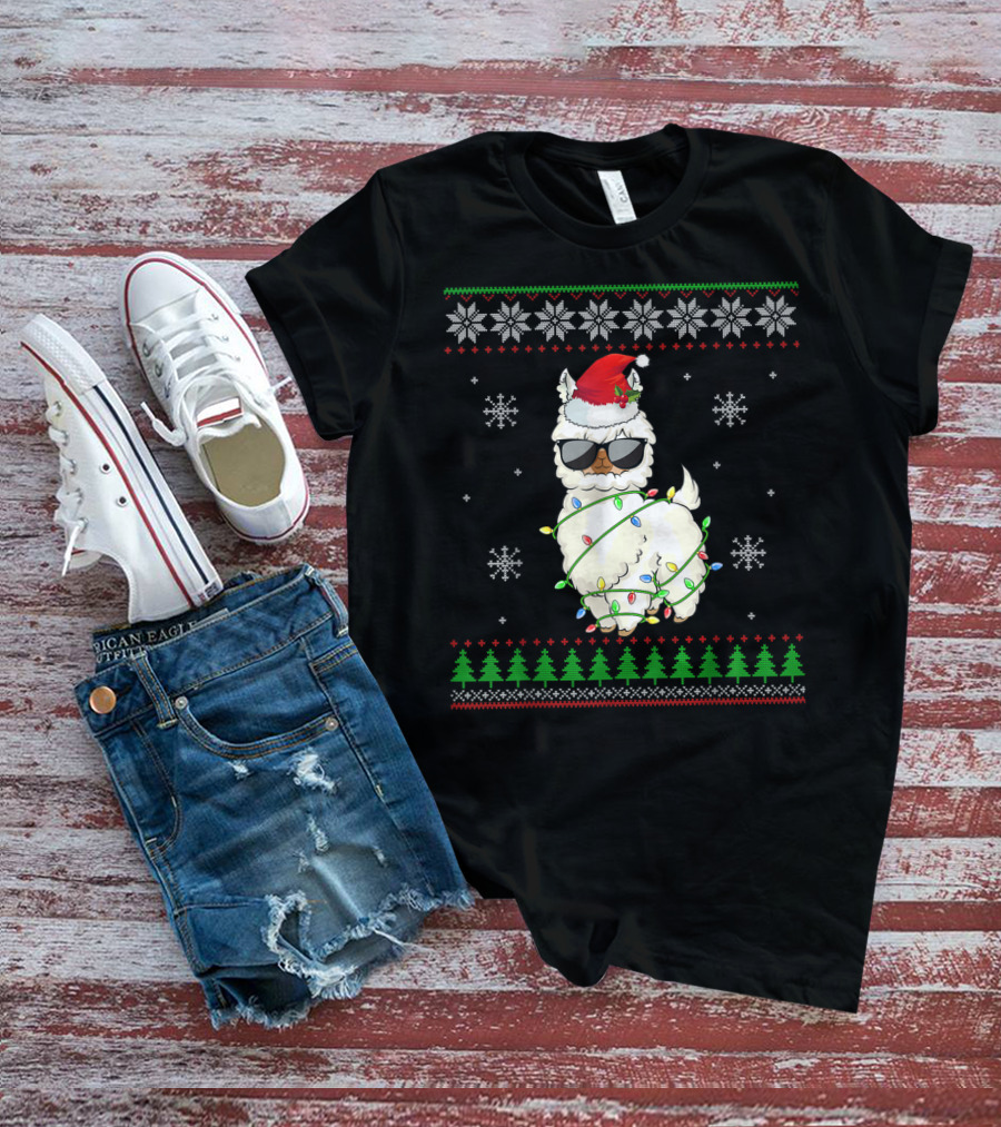 Santa Hat Sunglasses Llama Wrapped In Christmas Lights With Snowflakes And Trees T-Shirt