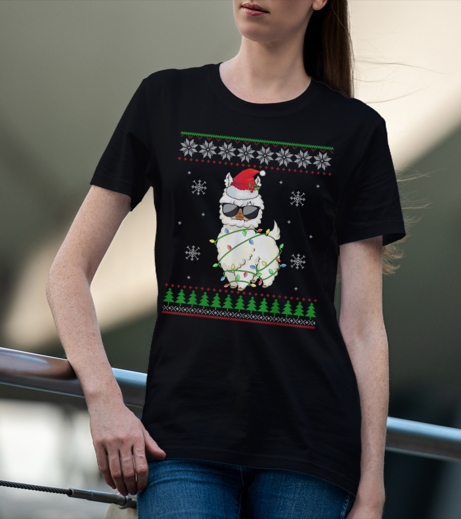 Santa Hat Sunglasses Llama Wrapped In Christmas Lights With Snowflakes And Trees T-Shirt