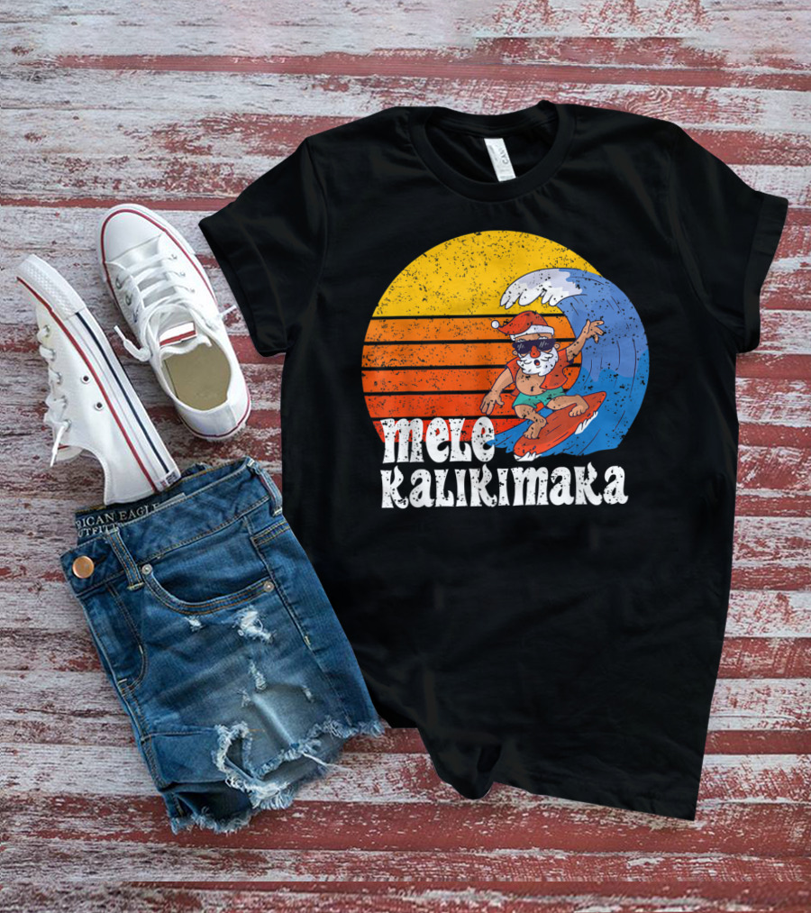 Mele Kalikimaka Surfing Santa Sunset Wave T-Shirt