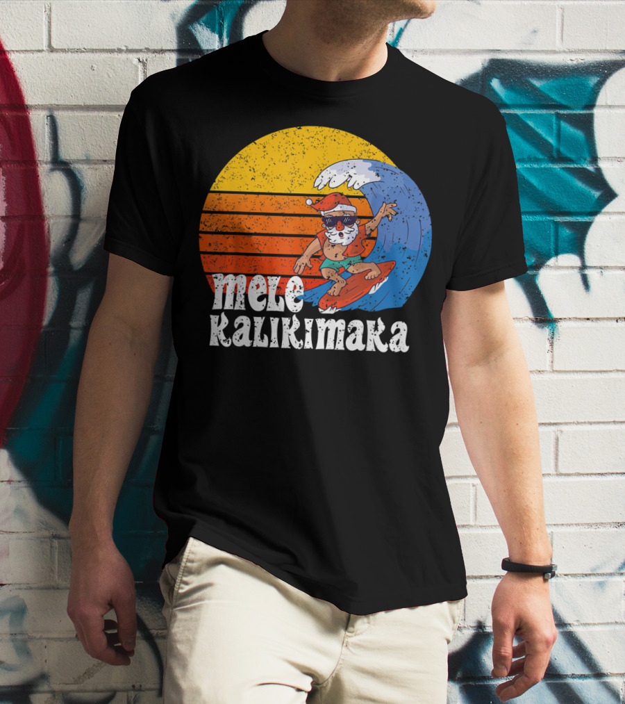 Mele Kalikimaka Surfing Santa Sunset Wave T-Shirt
