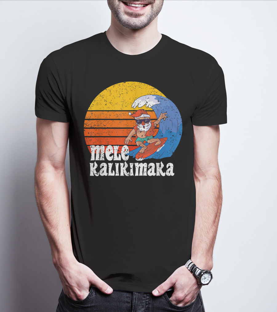Mele Kalikimaka Surfing Santa Sunset Wave T-Shirt