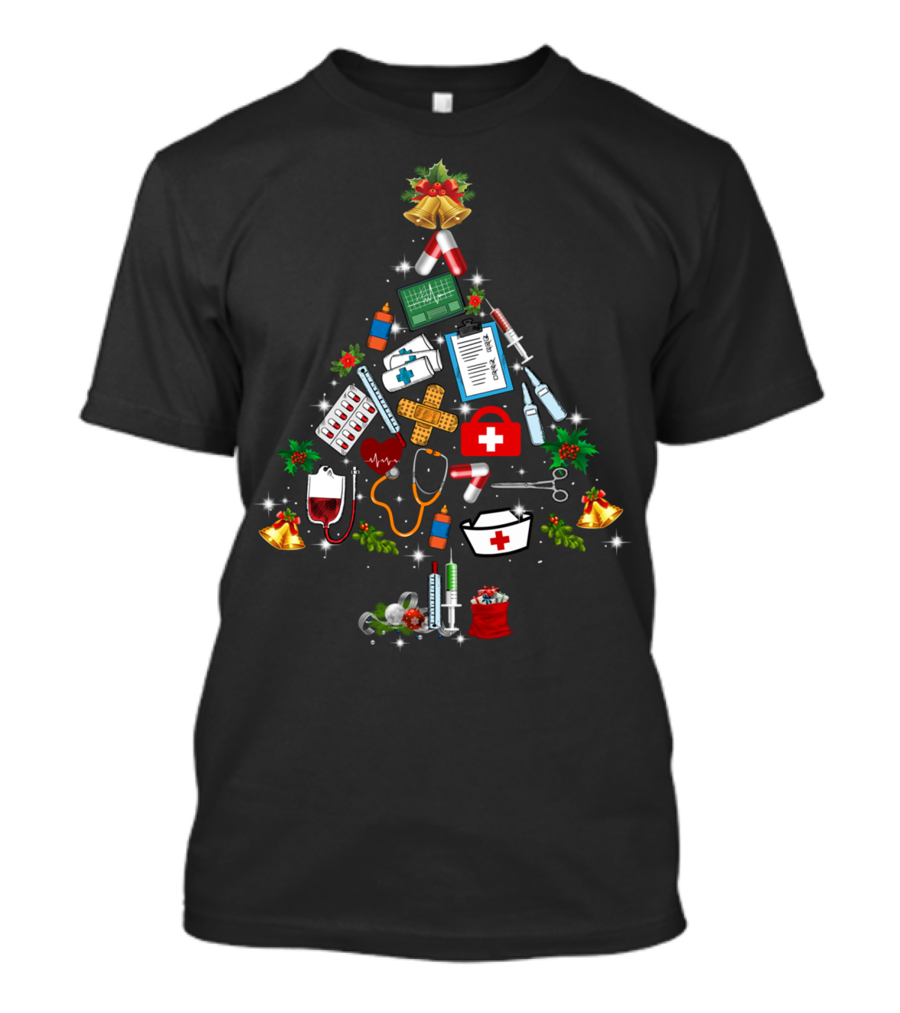 Christmas Tree Medical Tools Funny Nurse Stethoscope And Pills T-Shirt