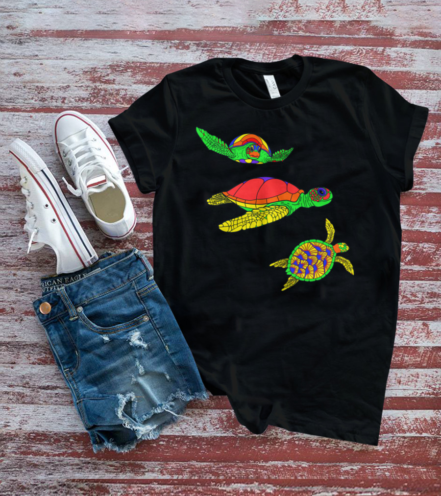 Colorful Swimming Sea Turtle Shell Artful Display T-Shirt