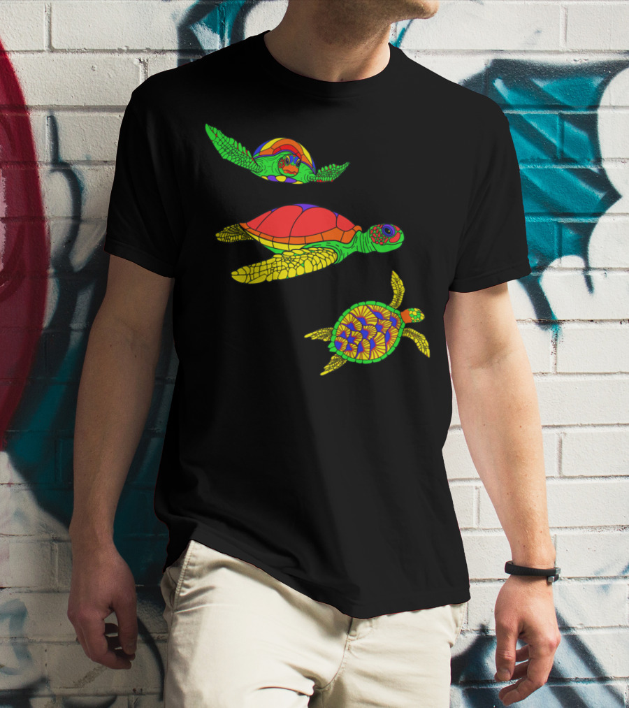 Colorful Swimming Sea Turtle Shell Artful Display T-Shirt