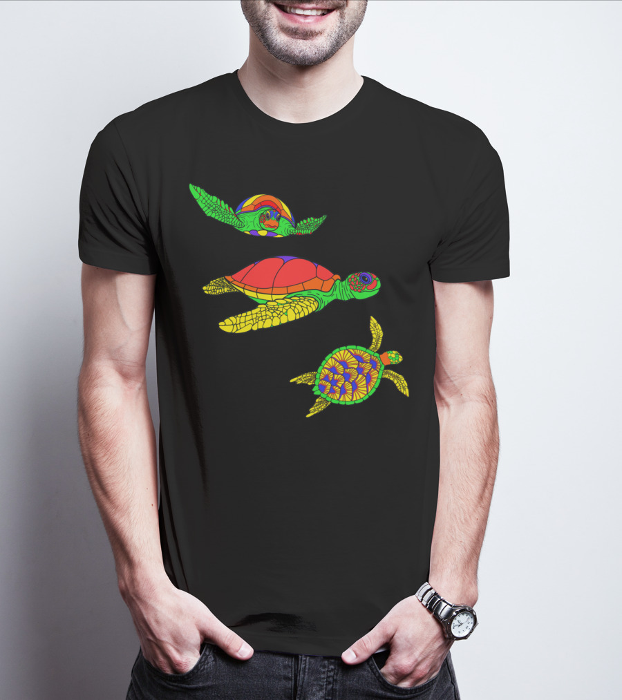 Colorful Swimming Sea Turtle Shell Artful Display T-Shirt