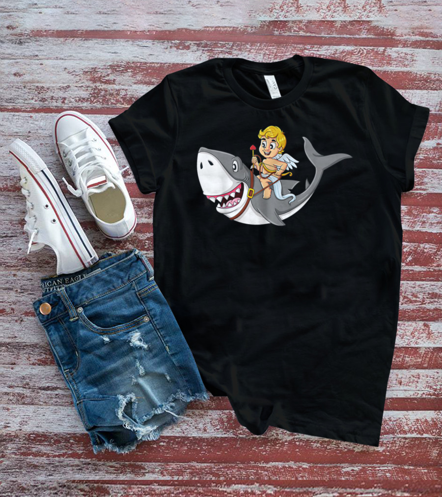 Cupid Riding Shark Valentines Day Iconic Funny Cartoon T-Shirt